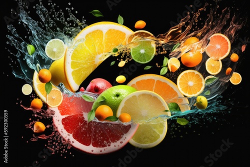 Fruit splashing into water on black background  close up view