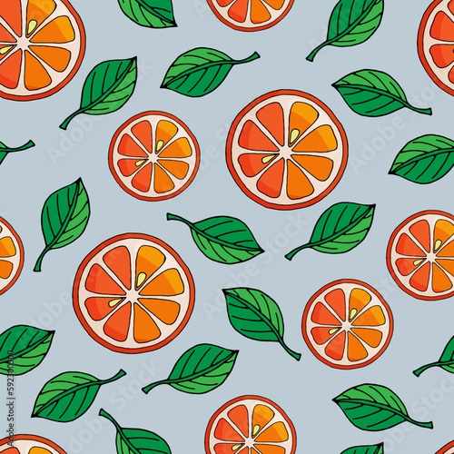 vector illustration seamless pattern orange slices with green leaves on blue gray