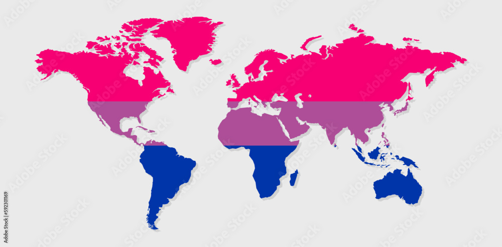 Obraz premium Bisexual pride flag in a shape of World map. Flag of gay, transgender, bisexual, lesbian etc. Pride concept
