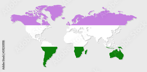 Genderqueer pride flag in a shape of World map. Flag of gay, transgender, bisexual, lesbian etc. Pride concept