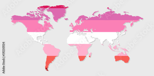 Lesbian pride flag in a shape of World map. Flag of gay, transgender, bisexual, lesbian etc. Pride concept