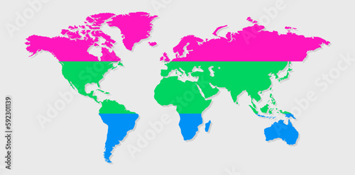 Polysexual pride flag in a shape of World map. Flag of gay, transgender, bisexual, lesbian etc. Pride concept