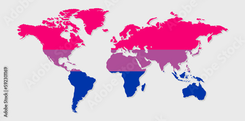 Bisexual pride flag in a shape of World map. Flag of gay, transgender, bisexual, lesbian etc. Pride concept