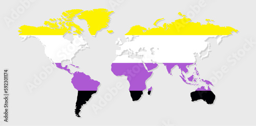 Nonbinary pride flag in a shape of World map. Flag of gay, transgender, bisexual, lesbian etc. Pride concept