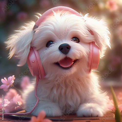 Lovely dog wearing headphone. Generative AI.