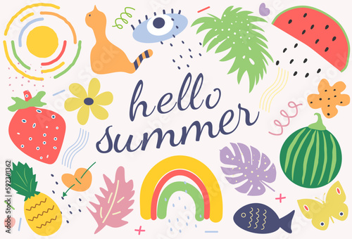 Hello summer  Summer elements and illustrations in vibrant bright colors. Vector illustration