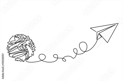 Chaos and paper plane, abstract minimalist concept vector illustration. Metaphor of disorganized difficult problem found solution, mess with single continuous tangle thread in need of unraveling.