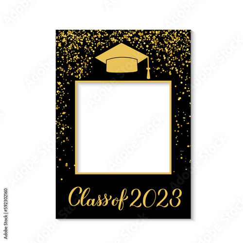 Class of 2023 photo booth frame graduation cap isolated on white. Graduation party photobooth props. Grad celebration selfie frame. Vector template.