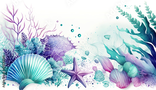 Shells, sea shells isolated on white, summer feeling, card, copy space. Generative Ai.