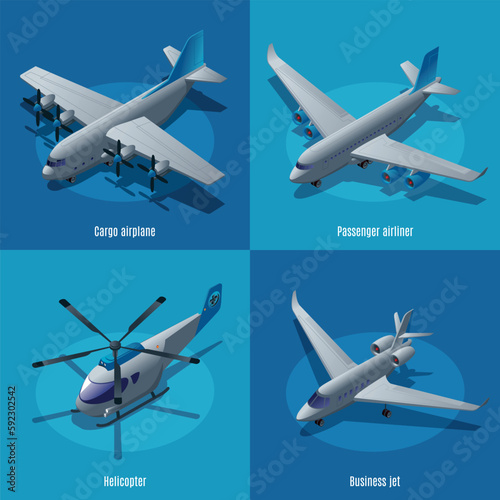 Aircraft different types 2X2, cargo airplane, passenger aircraft, helicopter, business jet, illustration isometric icons on isolated background