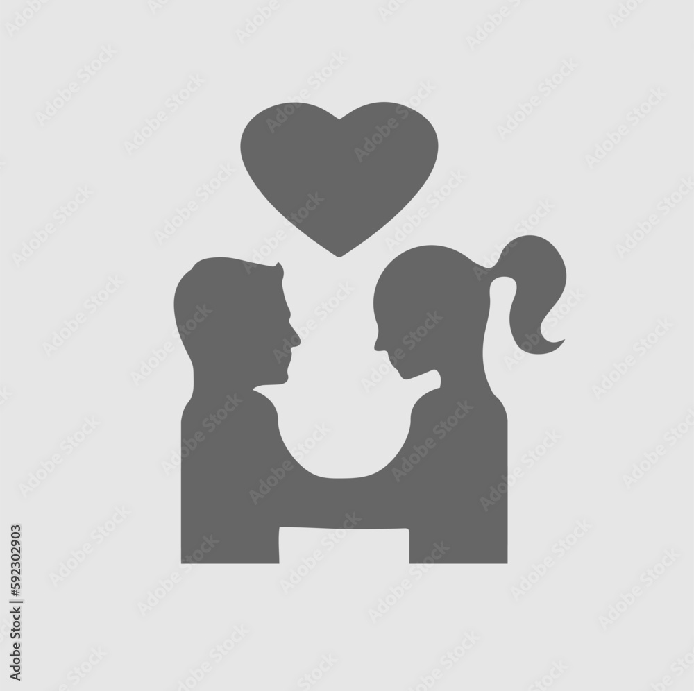 Couple in love symbol. Silhouette of man and woman with heart. Simple isolated vector icon.