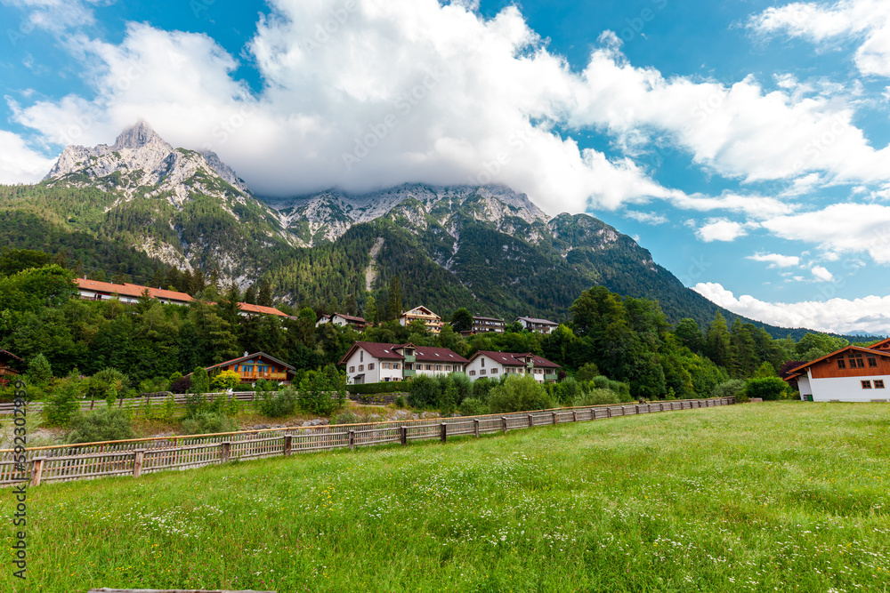 Karwendel massif Mittenwald. Picturesque Violin making and health resort in the upper Isar valley