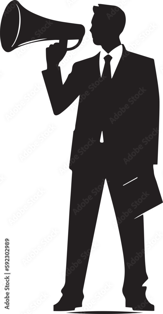 Obraz premium Business man speaking trough megaphone speaker vector silhouette black vector illustration on a white background, SVG