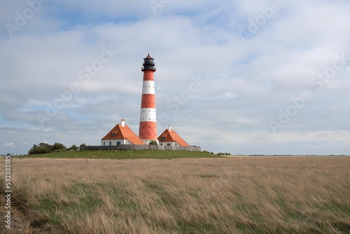 Grass field with a lighthouse and houses in Westerhever, Germany and a cloudy sky in the background.
