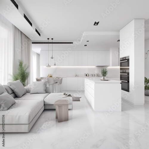 White living room and kitchen interior, generative AI  © WS Studio 1985