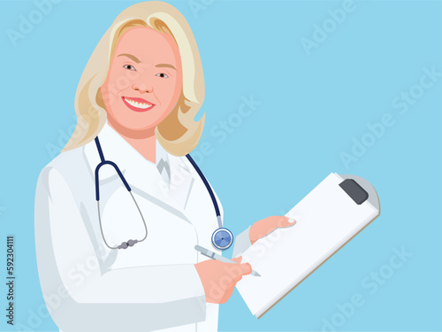 The medical concept of a female doctor is a beautiful female doctor in a white coat with a stethoscope. Medical student.