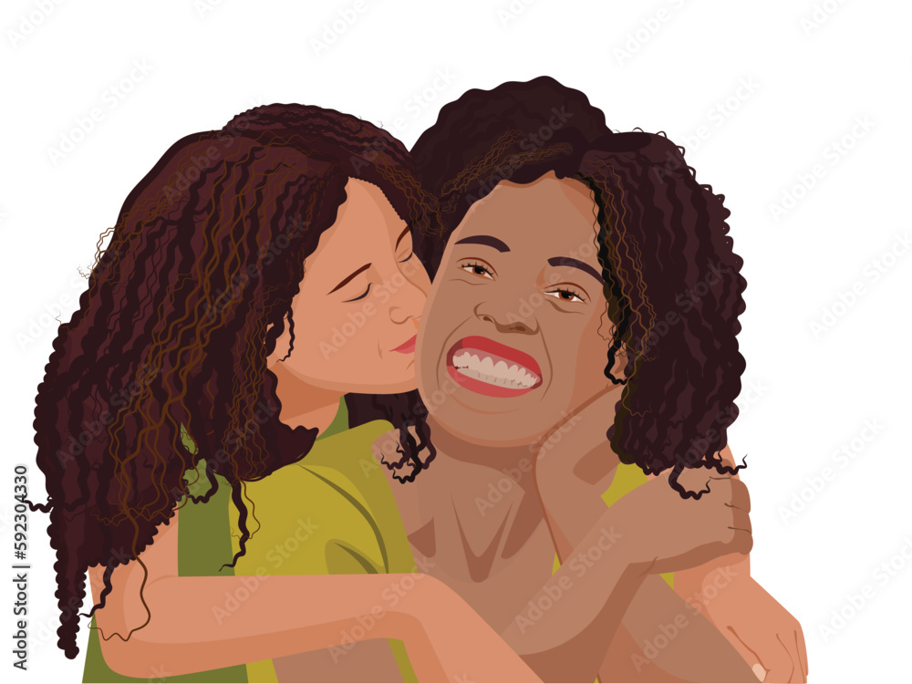mother and daughter, Togetherness Concept. African daughter hugging her mum