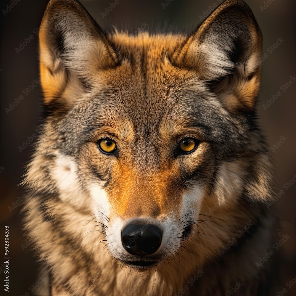 Fierce Wildness Captured: Stunning Close-Up of a Wolf's Face and a Glowing Golden Eye. Generative AI