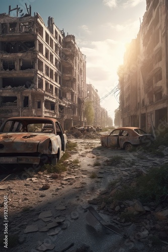 An Apocalyptic Wasteland: The Ruined City of Abandoned Buildings and War-Torn Roads: Generative AI