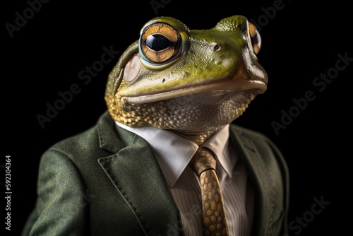 Cute Tree Frog in a Business Suit Strikes a Pose on Isolated Black Background: Generative AI