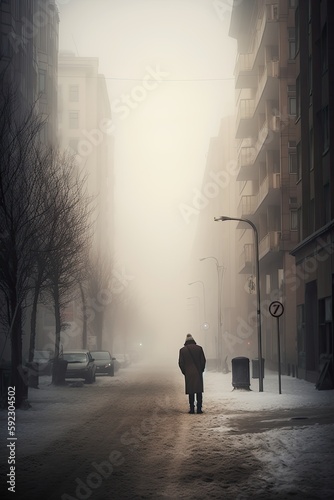 The Lonely Generative People Wandering in the Foggy Winter Urban Street  Generative AI
