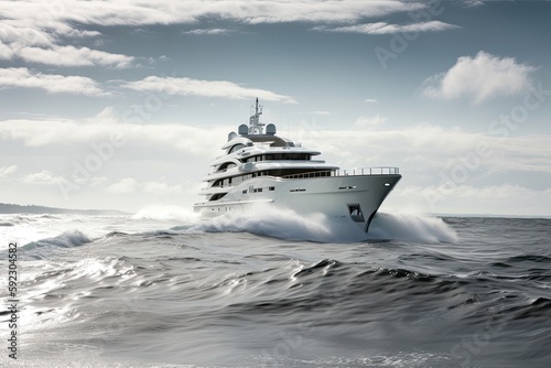White Superyacht Gliding Across Majestic Seas: A Luxurious Maritime Vehicle for Passenger Transportation and Holiday Fun, Generative AI