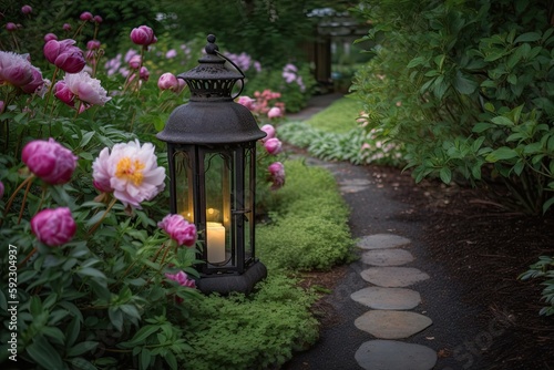 Fototapeta Naklejka Na Ścianę i Meble -  detailed lantern surrounded by blooming peonies on garden path, created with generative ai