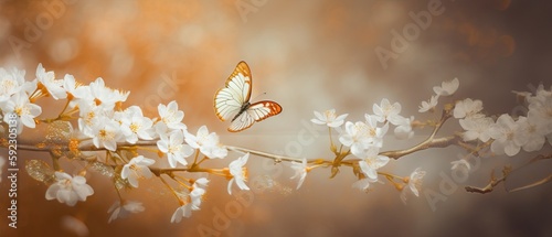 Beautiful pink butterfly and bird and cherry blossom branch in spring, summer, soft lighting, Generative AI