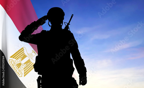 Silhouette of saluting soldier with Egypt flag against the sunset sky. EPS10 vector
