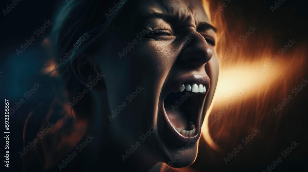 Woman in agony screaming aggressively. Mental health awareness month ...
