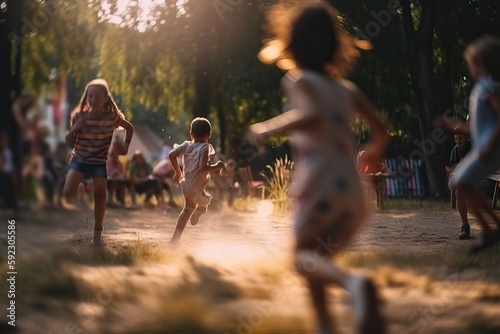 Active happy children running outdoors, generative ai