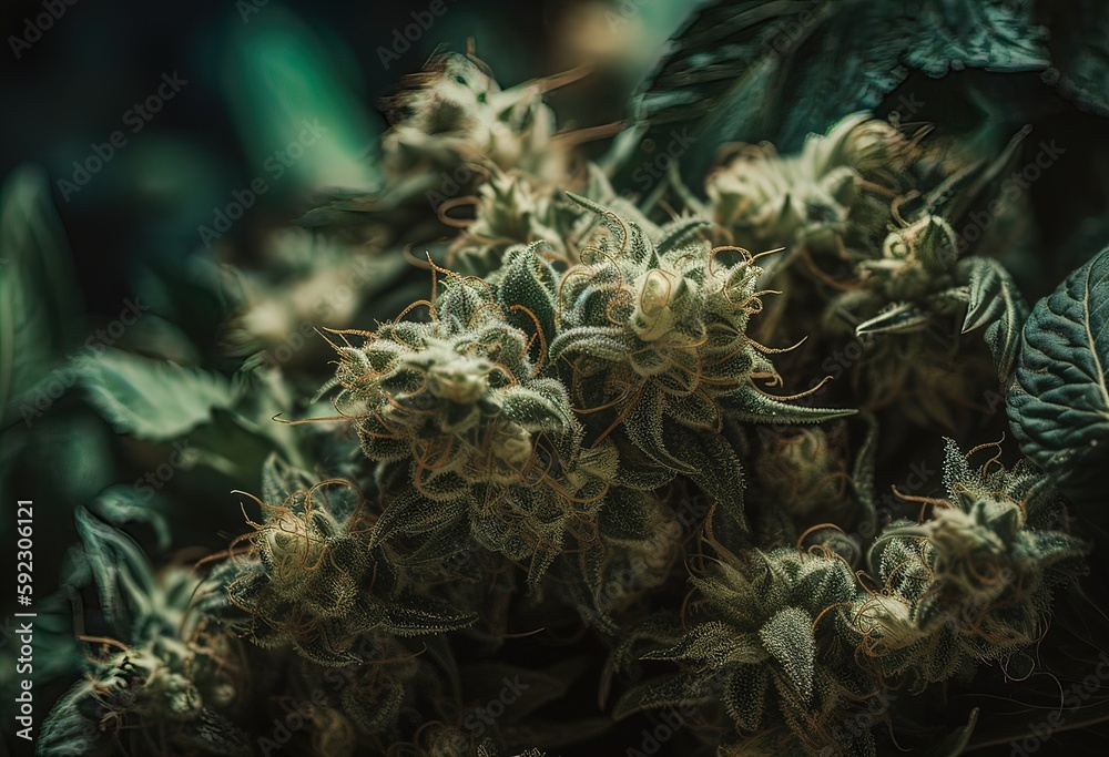 Obraz premium Closeup of marijuana cannabis plant growing buds, flowering thc cbd weed, generative ai