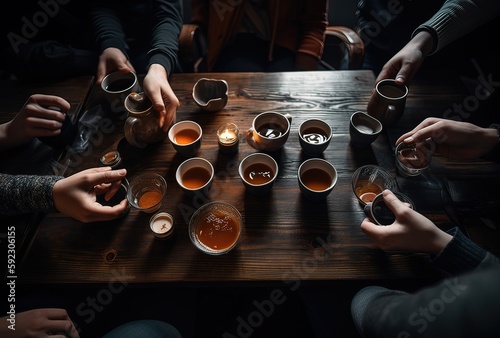 Table with coffee cups and many people