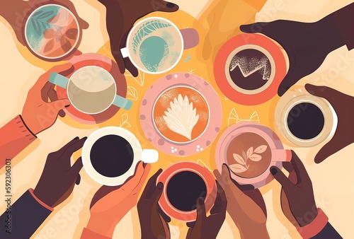 Table with coffee cups and many people