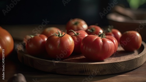 Juicy Red Tomatoes Freshly Plated on Stylish Wooden Dish - Perfect for Healthy Vegetarian Eating, Generative AI
