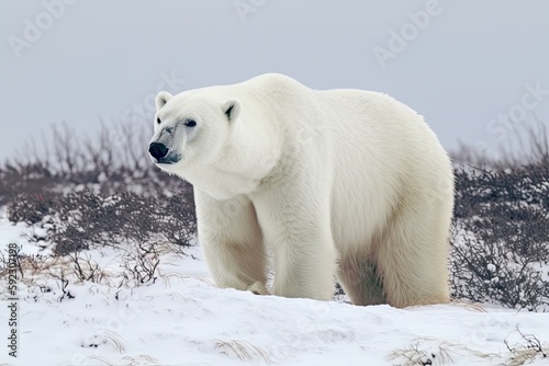 Northern Polar Bear Majesticly Roaming Manitoba's Arctic Snow: Wildlife Photography: Generative AI photo