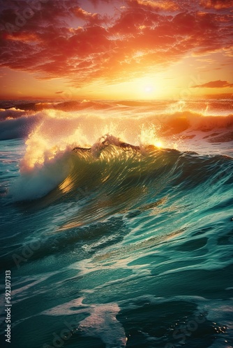 Watch the Majestic Swell of a Beautiful Orange Sunrise on the Ocean s Horizon. Generative AI