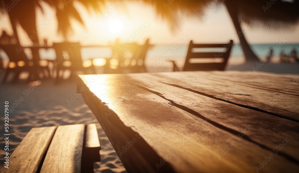 Empty modern wooden table on a summer beach, AI generated Empty modern wooden table on a summer beach, AI generated