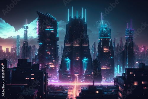 Landscape of Futuristic Sci-Fi Capital city and building, Night city, Cyber punk, AI generated