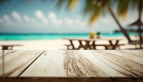 Empty modern wooden table on a summer beach  AI generated