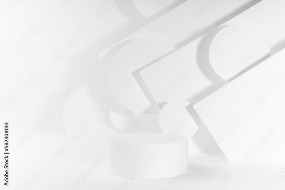 White abstract trendy scene mockup in modern geometric urban style for presentation cosmetic products, goods, design - one cylinder podium, stripes, angles, flying circles in hard light, shadows. White abstract trendy scene mockup in modern geometric urban style for presentation cosmetic products, goods, design - one cylinder podium, stripes, angles, flying circles in hard light, shadows.