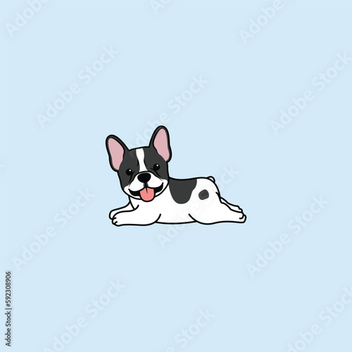 Cute french bulldog puppy lying down cartoon, vector illustration