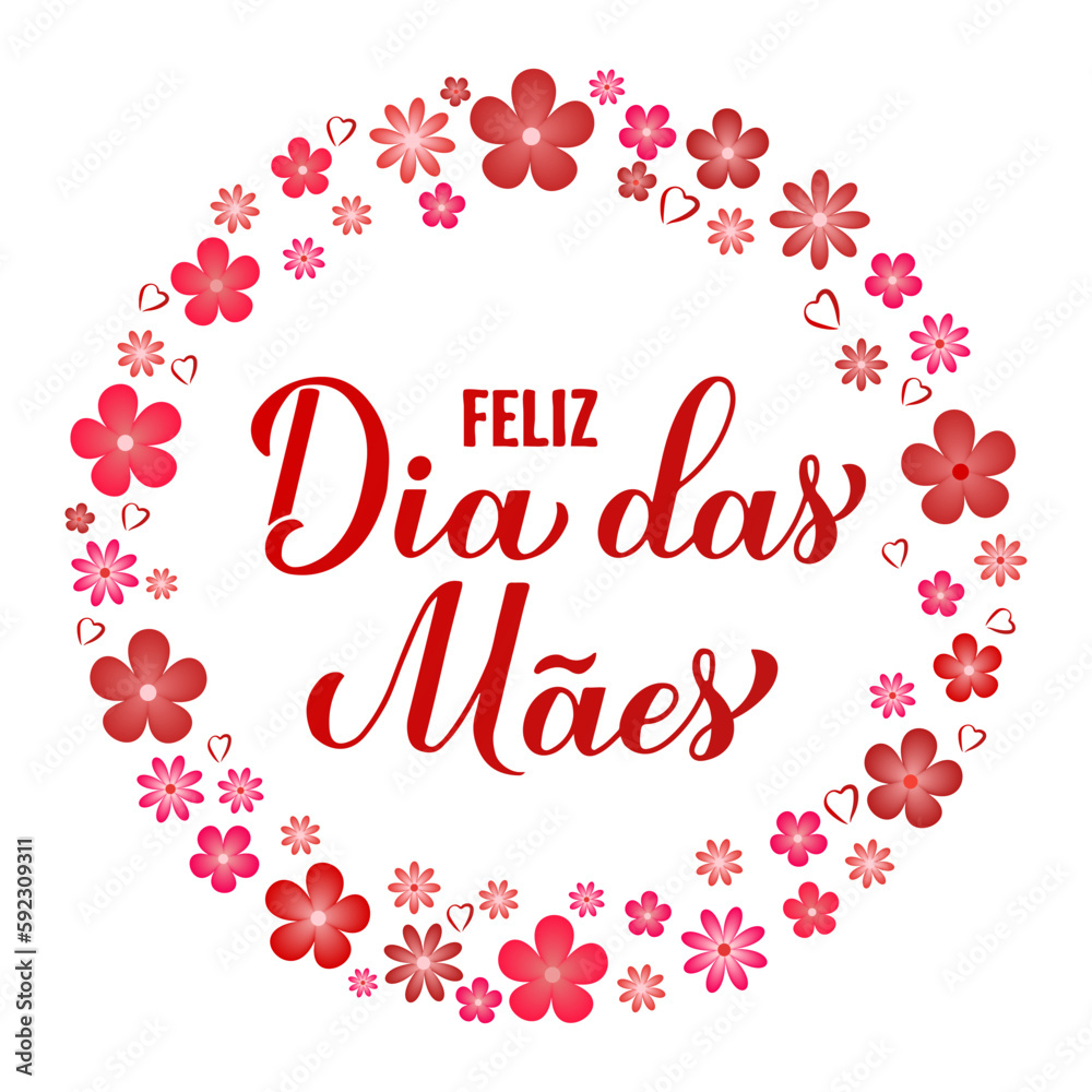 Feliz Dia das Maes Mamma calligraphy hand lettering with spring flowers. Happy Mothers Day in Portuguese. Vector template for typography poster, greeting card, banner, invitation, sticker, etc
