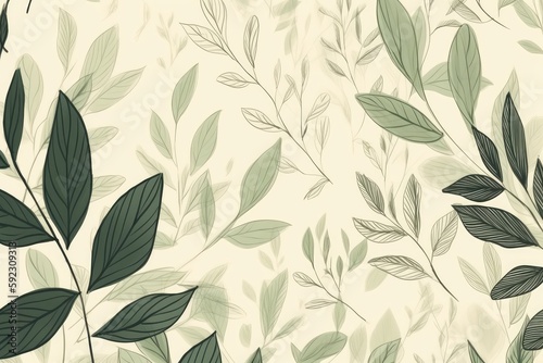 Green plants, twigs and leaves on beige background, hand drawing. Generative AI