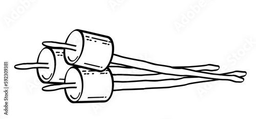 Drawing cartoon sugar marshmallow on wooden stick. Sweet marshmallow for bbq, cooking icon or symbol. Delicious, tasty white marshmallows. Eating roasted candies sweets.