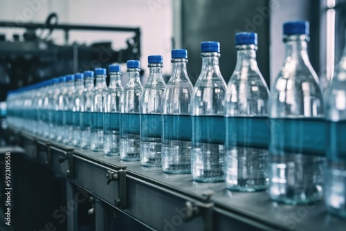 Pure water bottling line in factory, glass bottles on conveyor. Generative AI