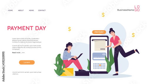Woman getting money for payday illustration concept on landing page design. Workers with earnings. Vector set of persons pay debts