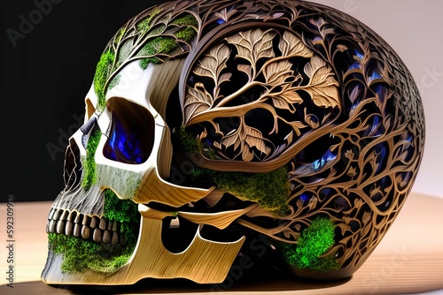 beautiful intricate wood and glass skull carving, wood fused with glass featuring starlight - generative ai