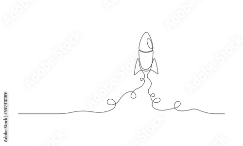 Rocket one line art. Rocket launch hand drawing. Vector illustration