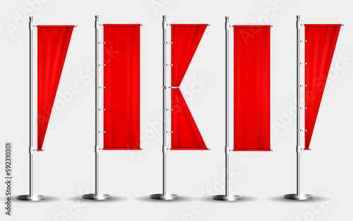 Realistic banner flags. 3D red blank textile signs and waving fabric for advertising. Royal flags, hanging pennant and silk banners